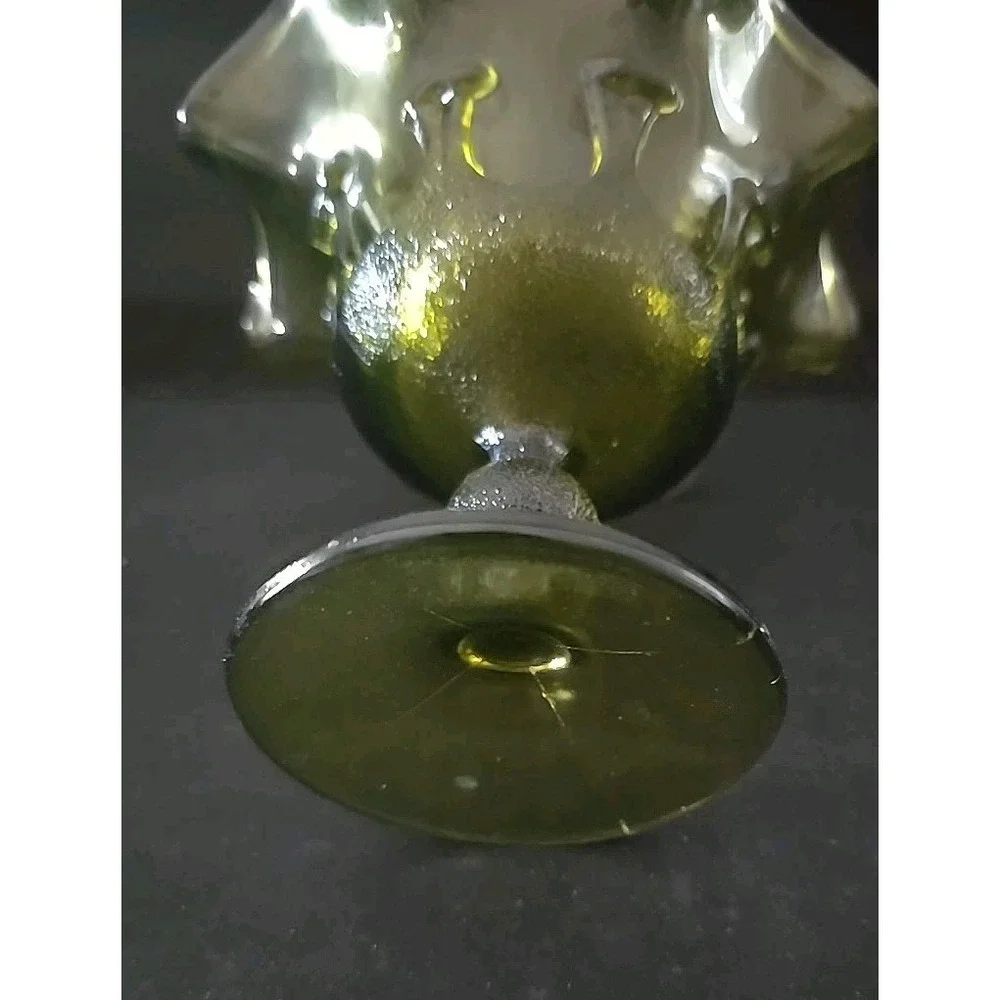 Vintage Green Glass Ruffled Edge Footed Candy Dish Bowl Compote Decor 5.25